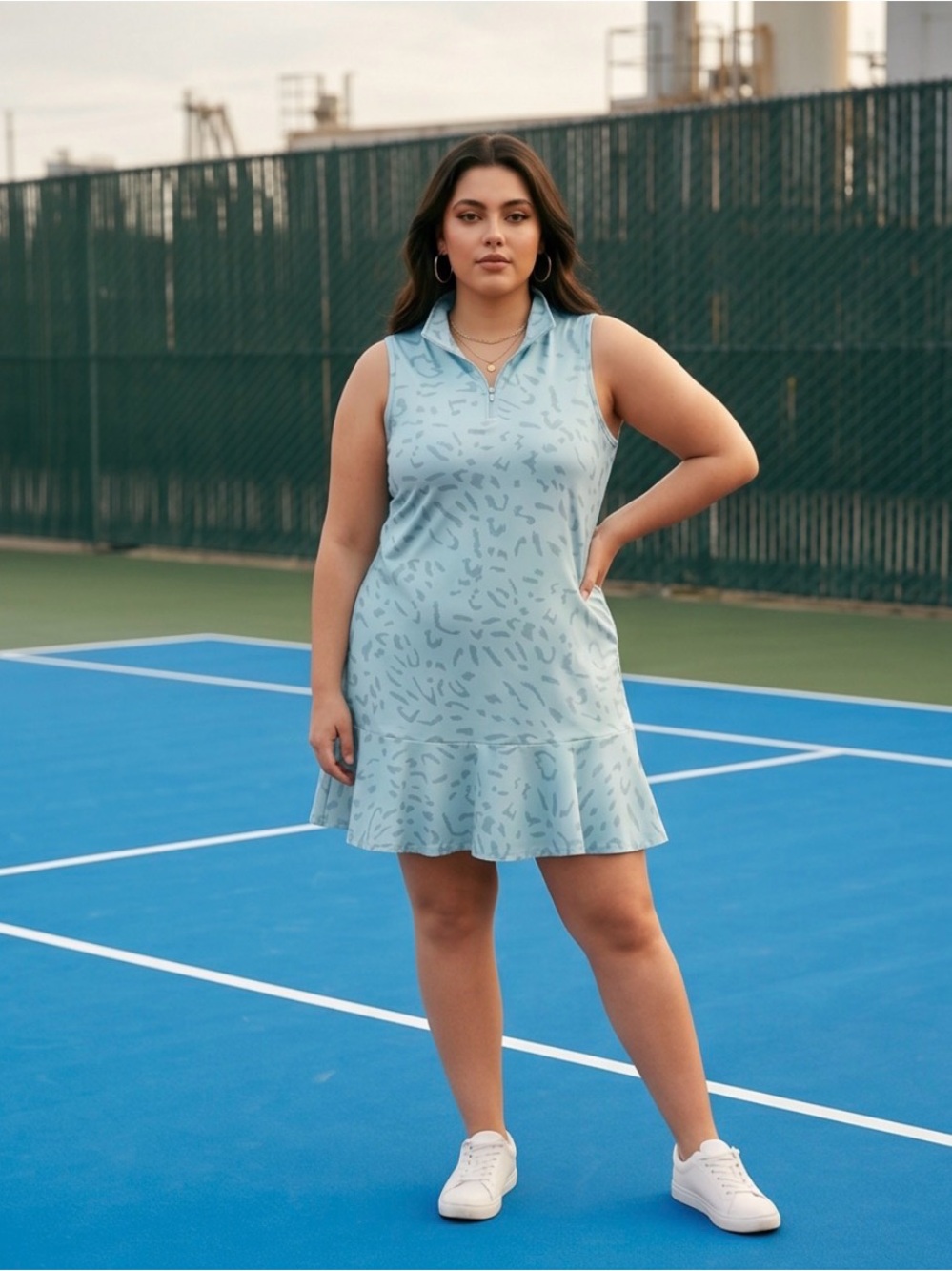 GGOV Golf Tennis Dress Light Blue Leopard Mock Neck Zip Up Pockets Womens XL